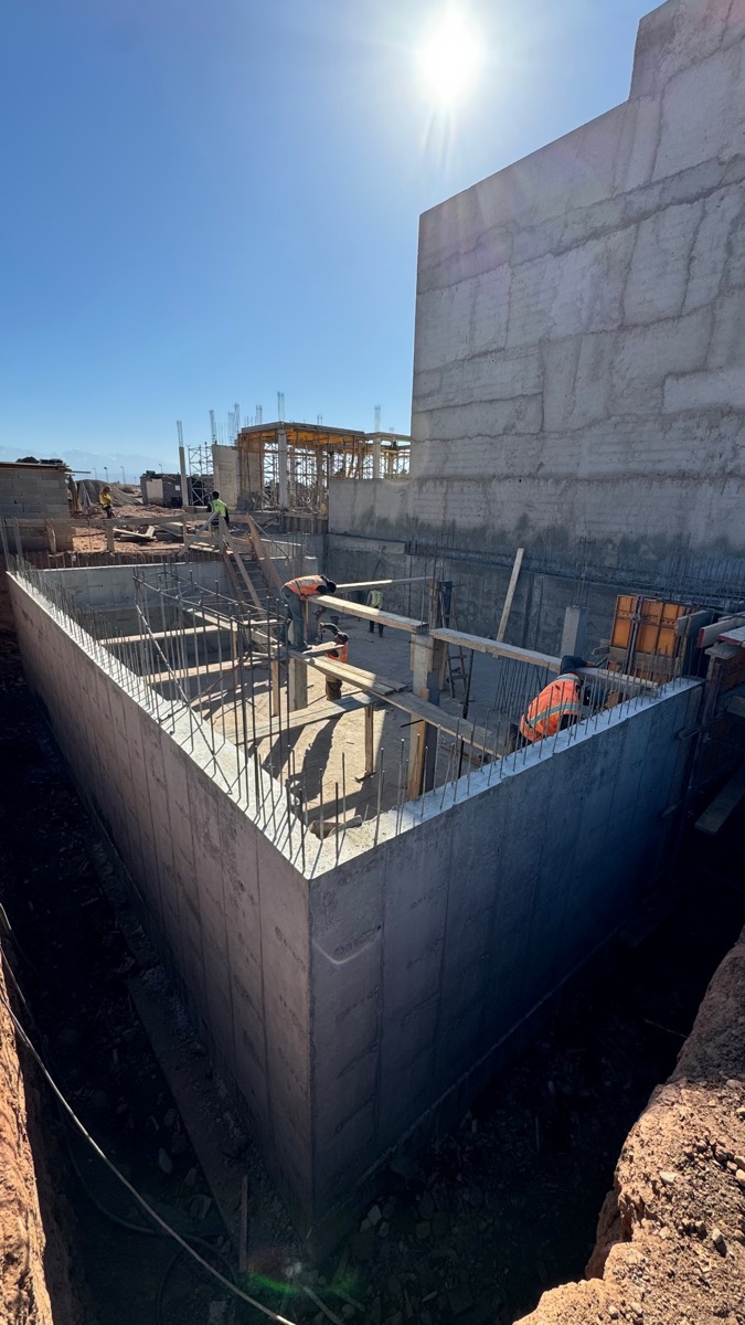 Concrete retaining walls of a basement under construction on a WALL Construction site in Marrakech