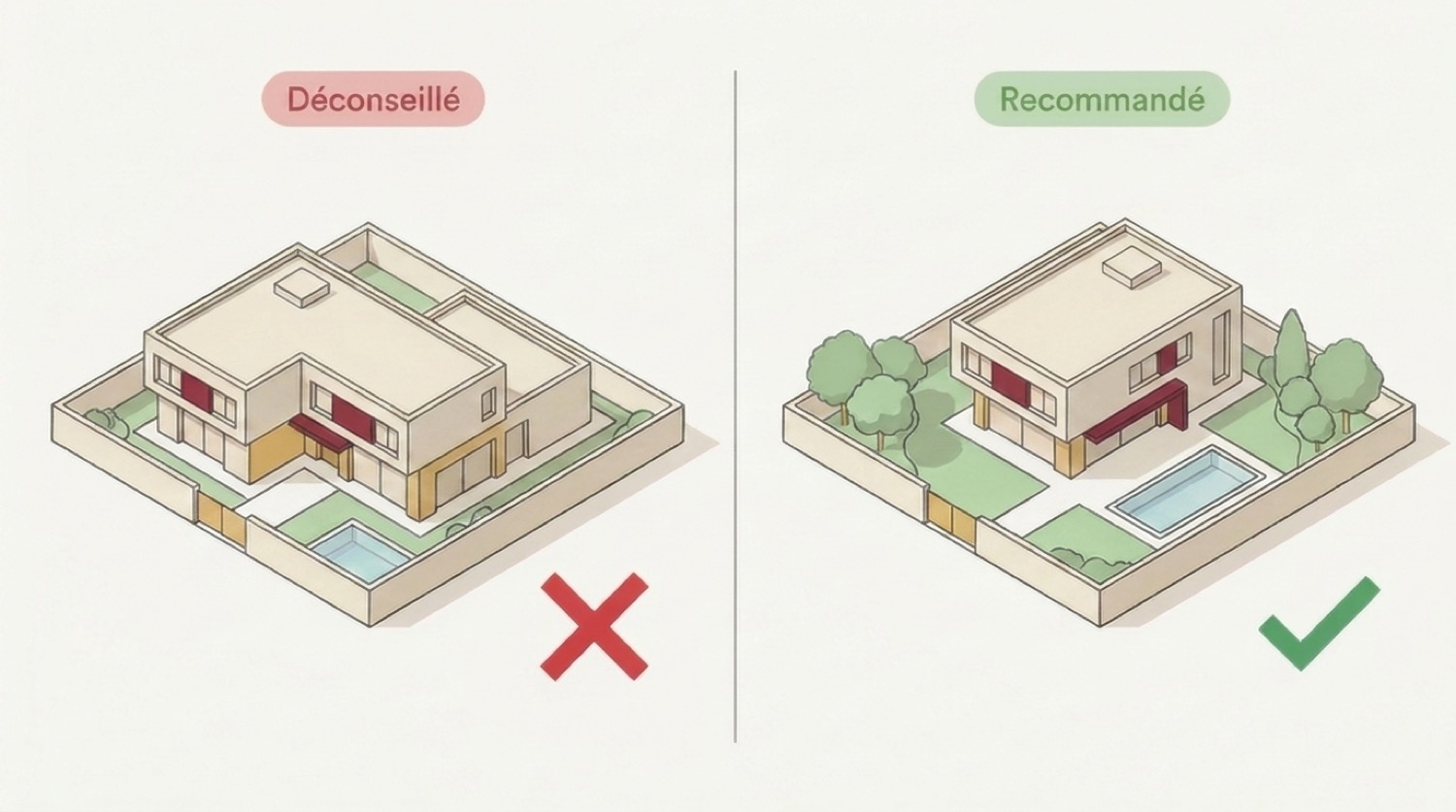 Footprint comparison: on the left a villa that occupies almost the entire plot (not recommended), on the right the same villa, more compact and surrounded by a garden (recommended)