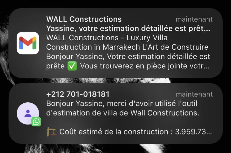 Email and WhatsApp notifications of the WALL Construction estimate on the phone screen