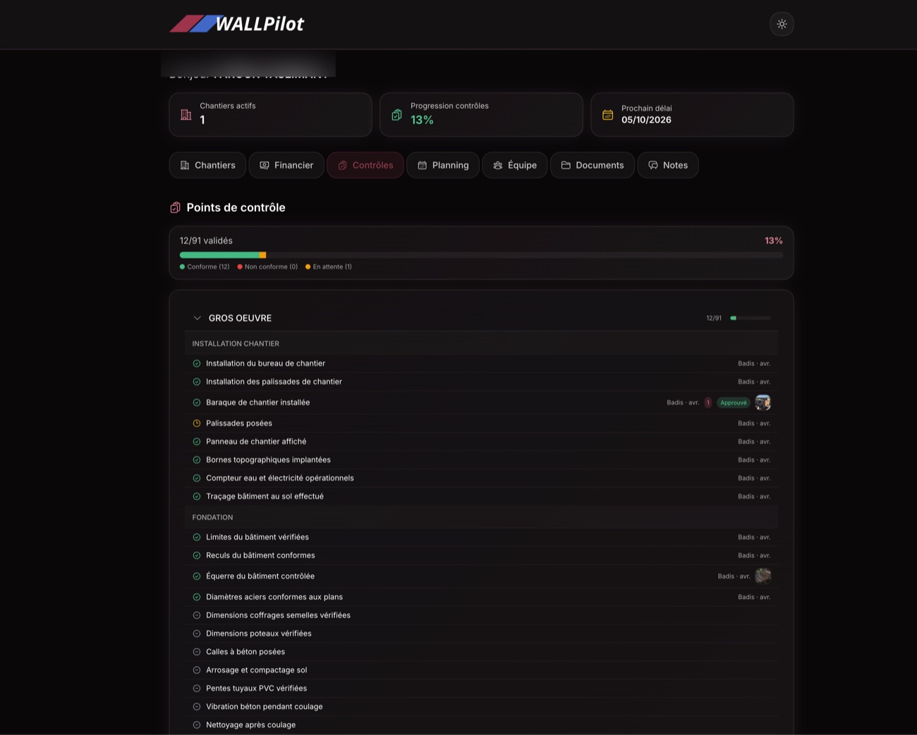 Portail client WALL Pilot — points de contrôle : chaque étape validée, datée et photographiée