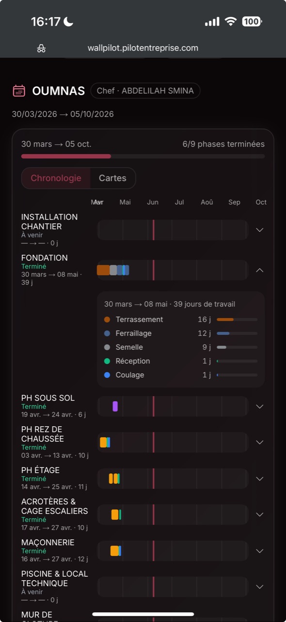 Portail client WALL Pilot sur mobile — suivez votre chantier depuis votre téléphone