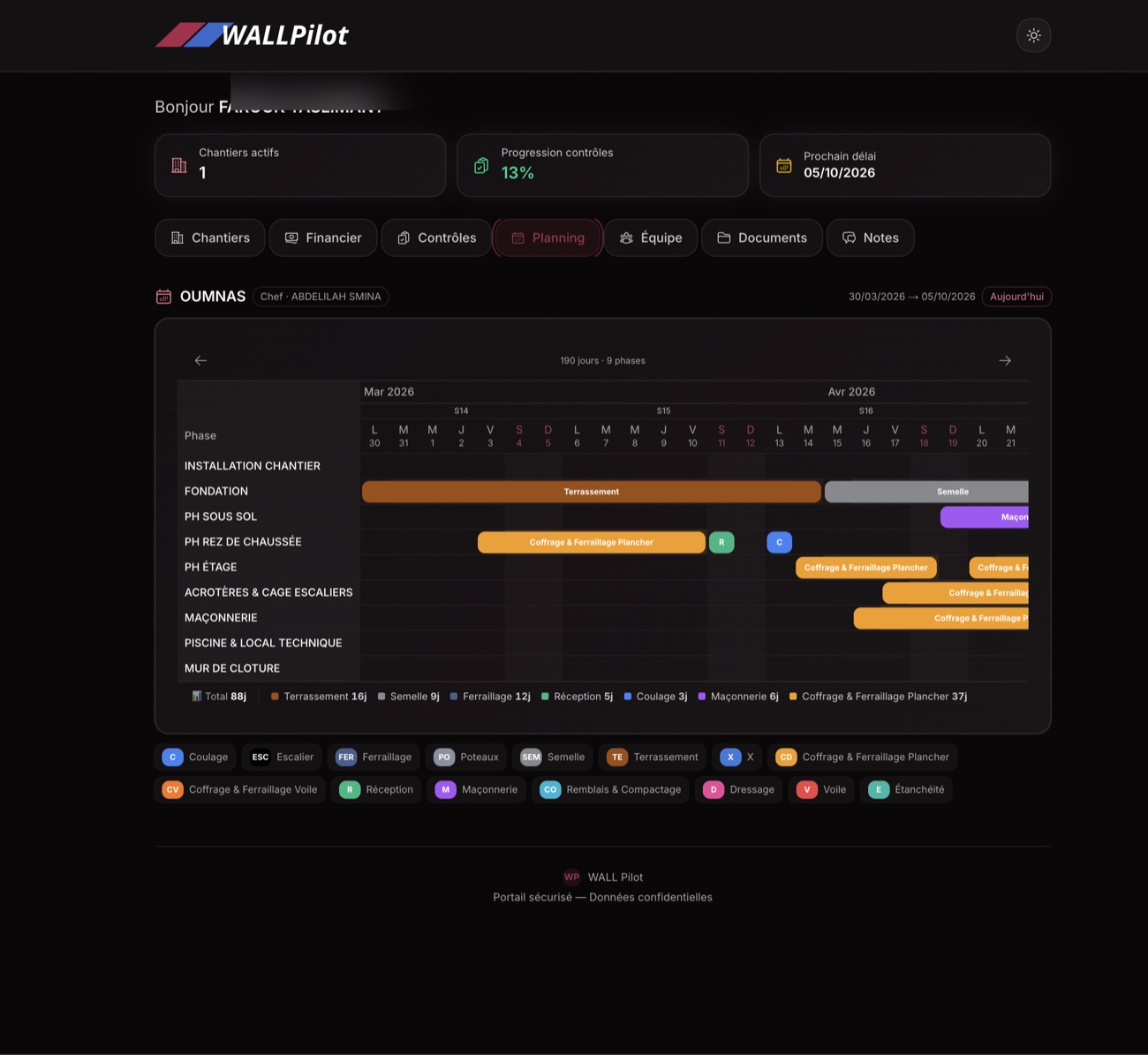 Portail client WALL Pilot — planning du chantier : avancement phase par phase, en timeline